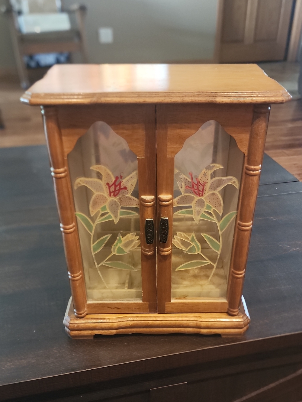Wooden Floral Glass Jewelry Cabinet - Honey Oak